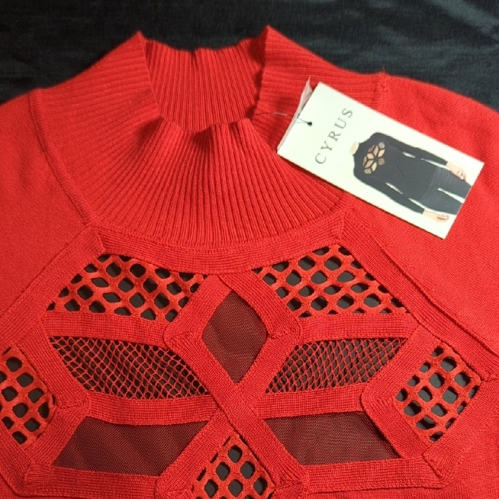 Cyrus Vibrant Red Knit Top with Mesh Accents - Picture 5 of 14